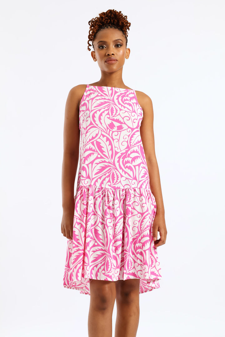 Hi-Neck Drop Waist Print Mini Dress - White/Pink