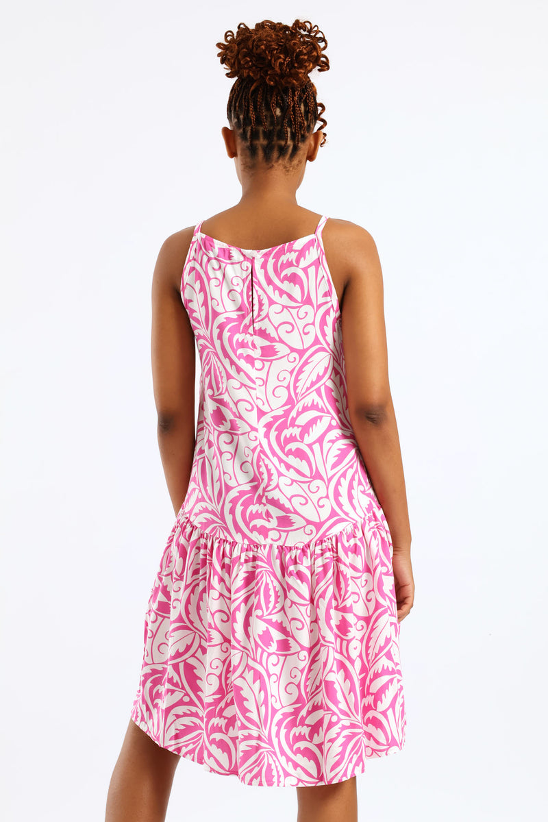 Hi-Neck Drop Waist Print Mini Dress - White/Pink