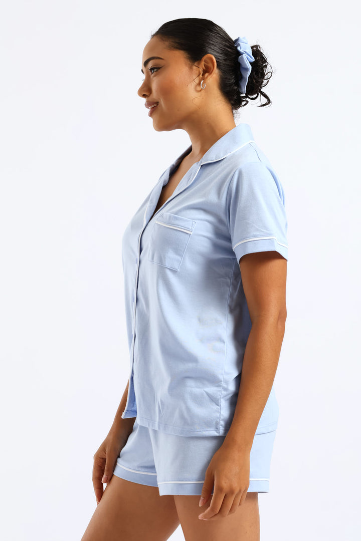 Button Through Knit Short Set - Blue