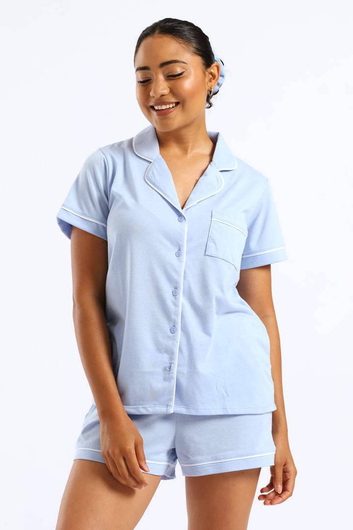 Button Through Knit Short Set - Blue