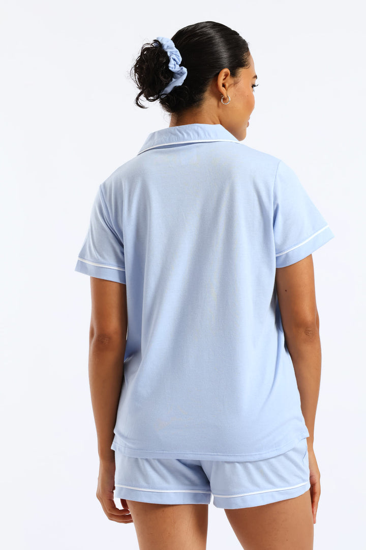 Button Through Knit Short Set - Blue