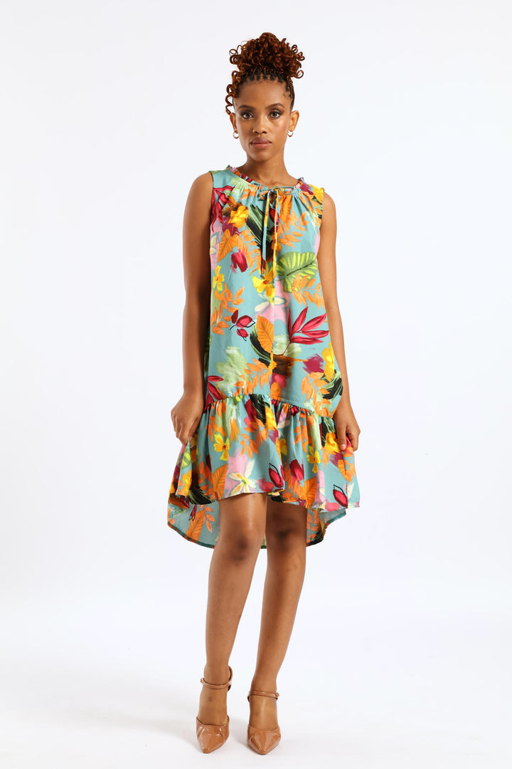 Frill Neck Printed Drop Hem Dress - Aqua