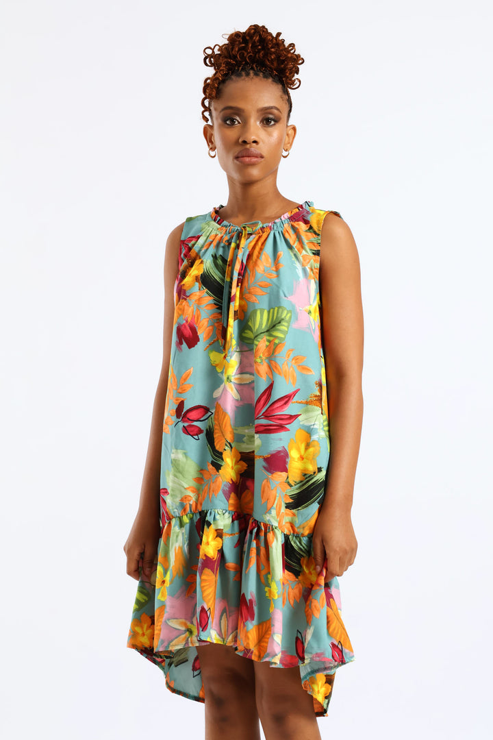 Frill Neck Printed Drop Hem Dress - Aqua