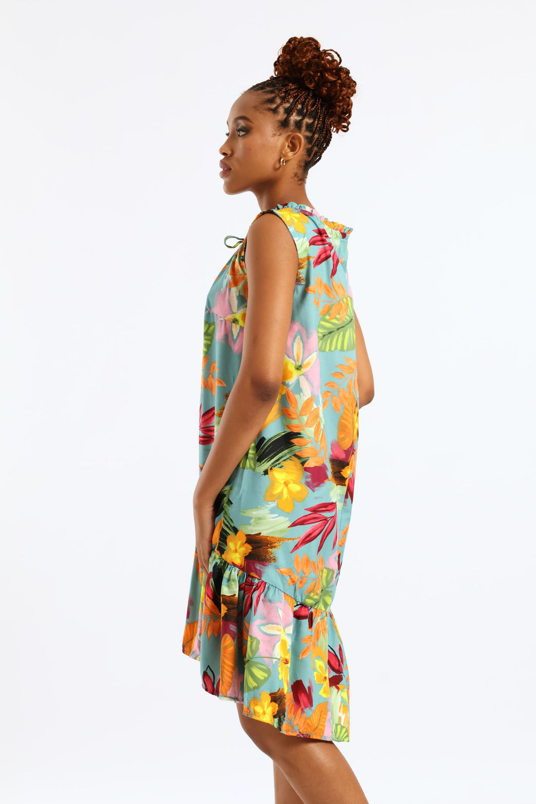 Frill Neck Printed Drop Hem Dress - Aqua