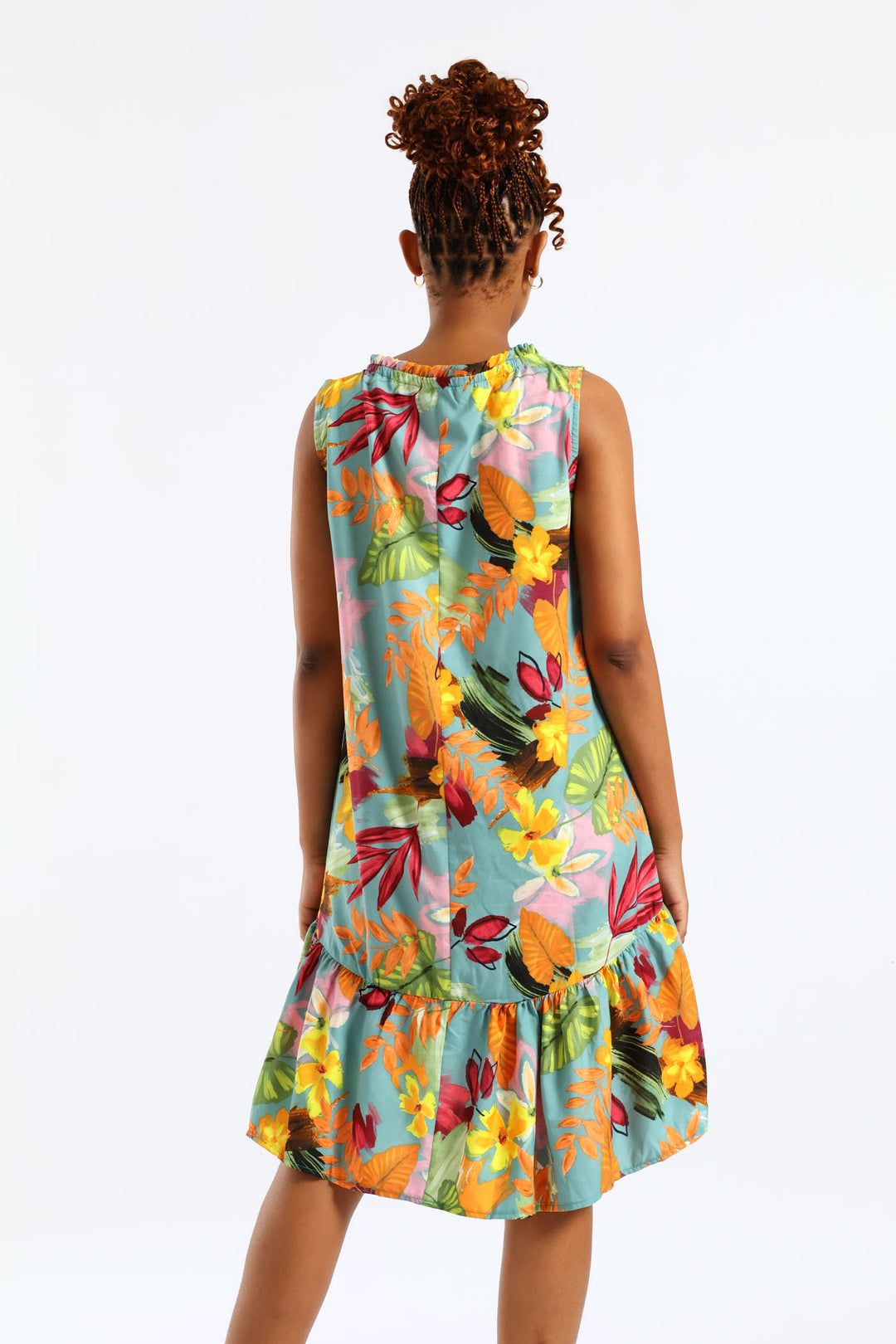 Frill Neck Printed Drop Hem Dress - Aqua