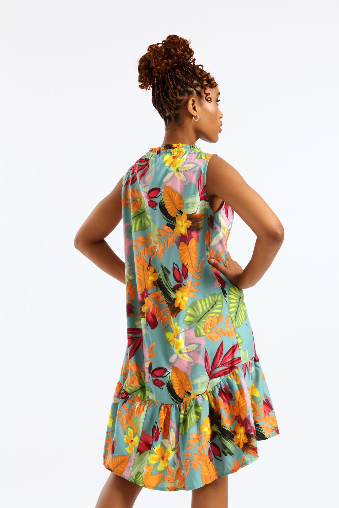 Frill Neck Printed Drop Hem Dress - Aqua