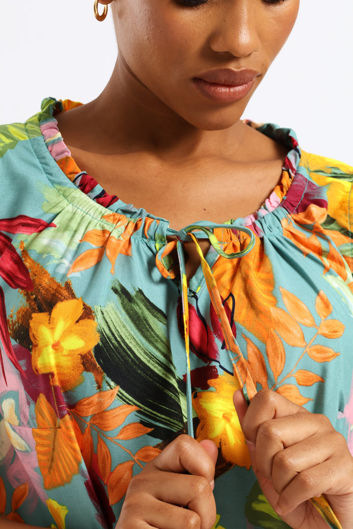 Frill Neck Printed Drop Hem Dress - Aqua