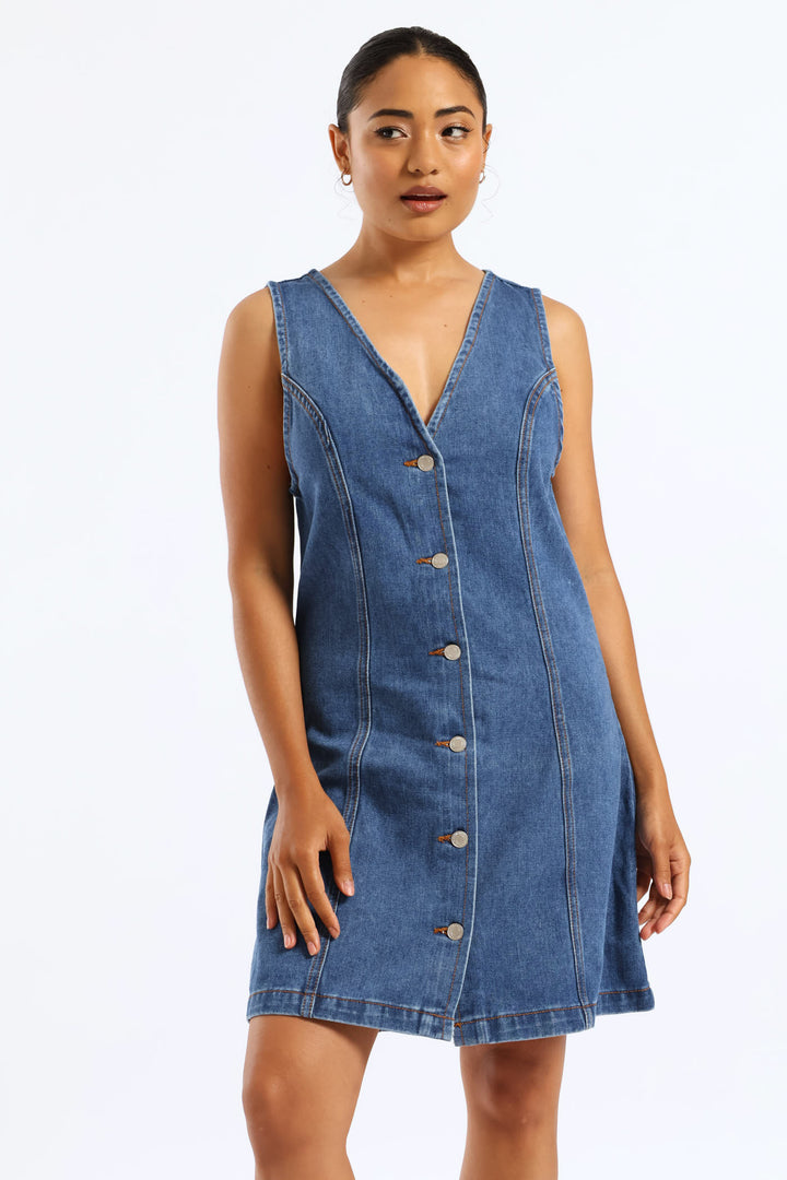 Button Through Denim Mini Dress - Salty Mid Wash