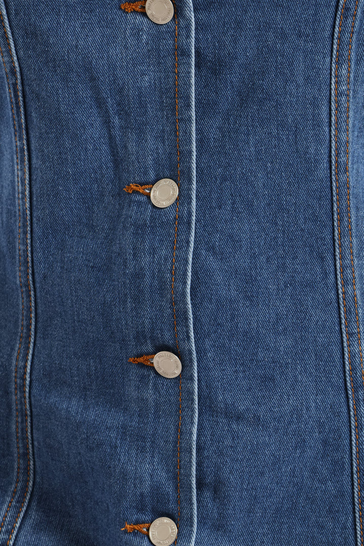 Button Through Denim Mini Dress - Salty Mid Wash