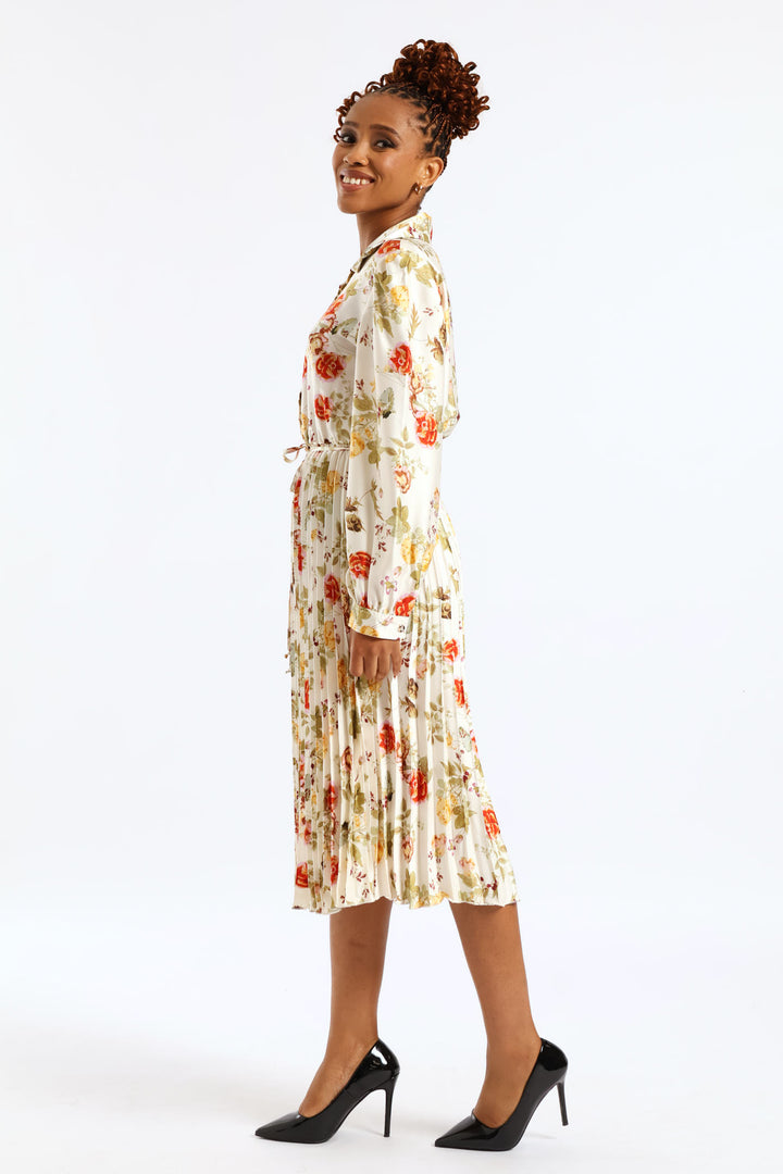 Floral Pleated Satin Maxi Dress - Cream