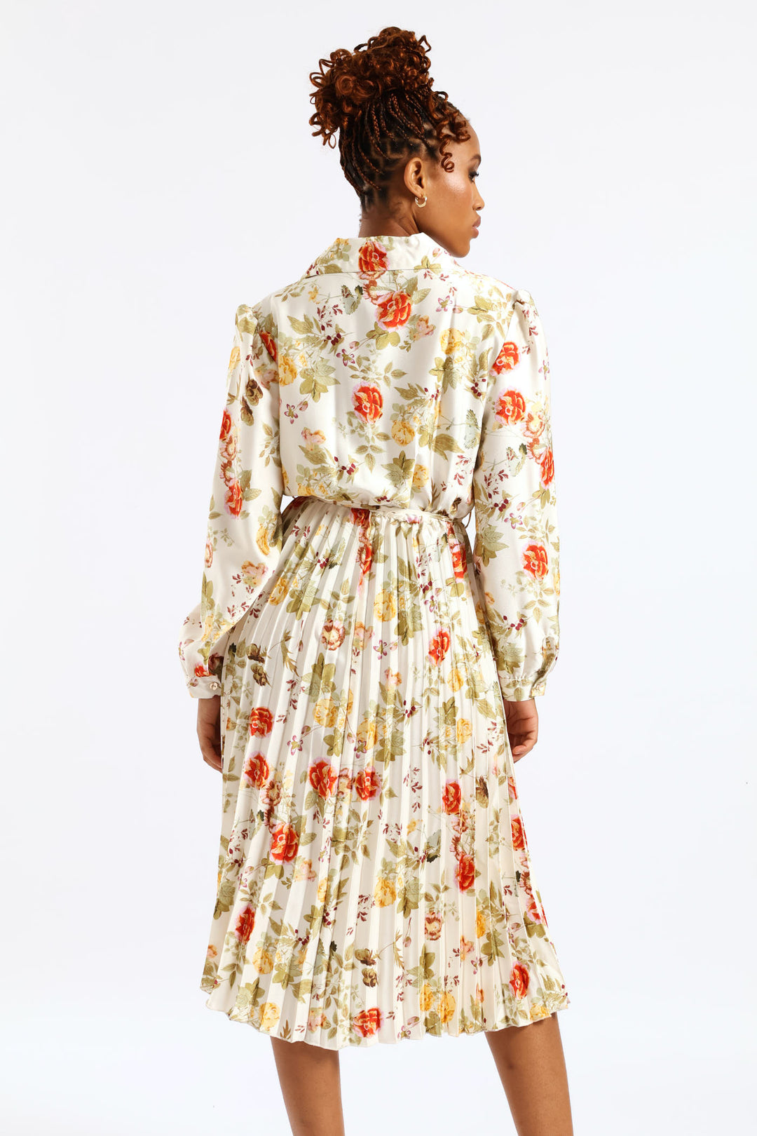 Floral Pleated Satin Maxi Dress - Cream