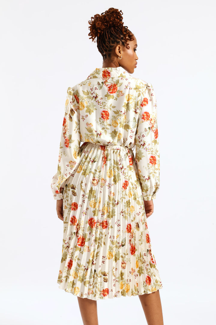 Floral Pleated Satin Maxi Dress - Cream