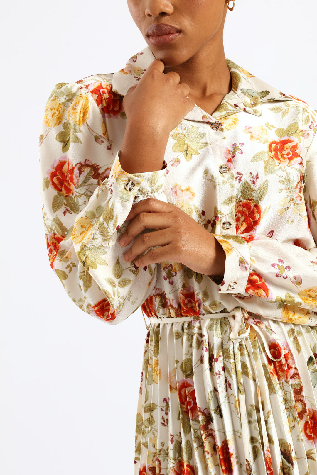 Floral Pleated Satin Maxi Dress - Cream