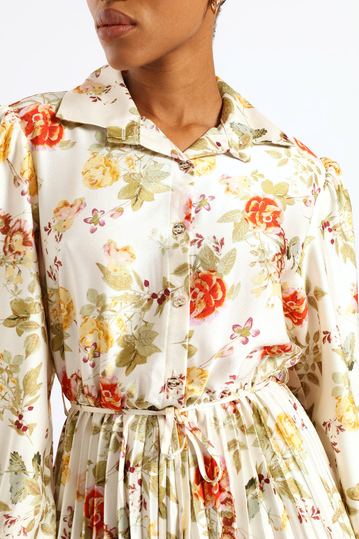 Floral Pleated Satin Maxi Dress - Cream