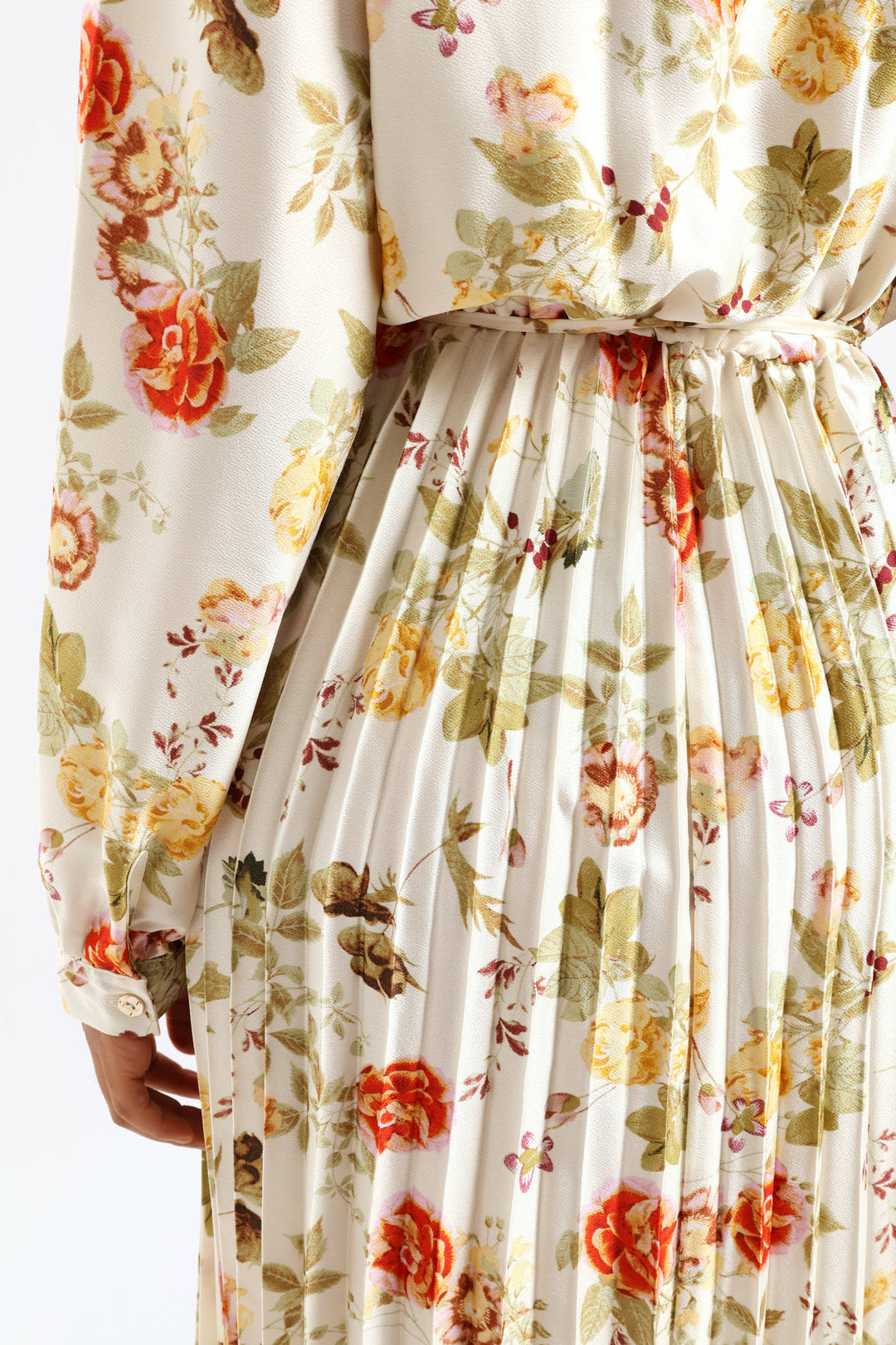 Floral Pleated Satin Maxi Dress - Cream