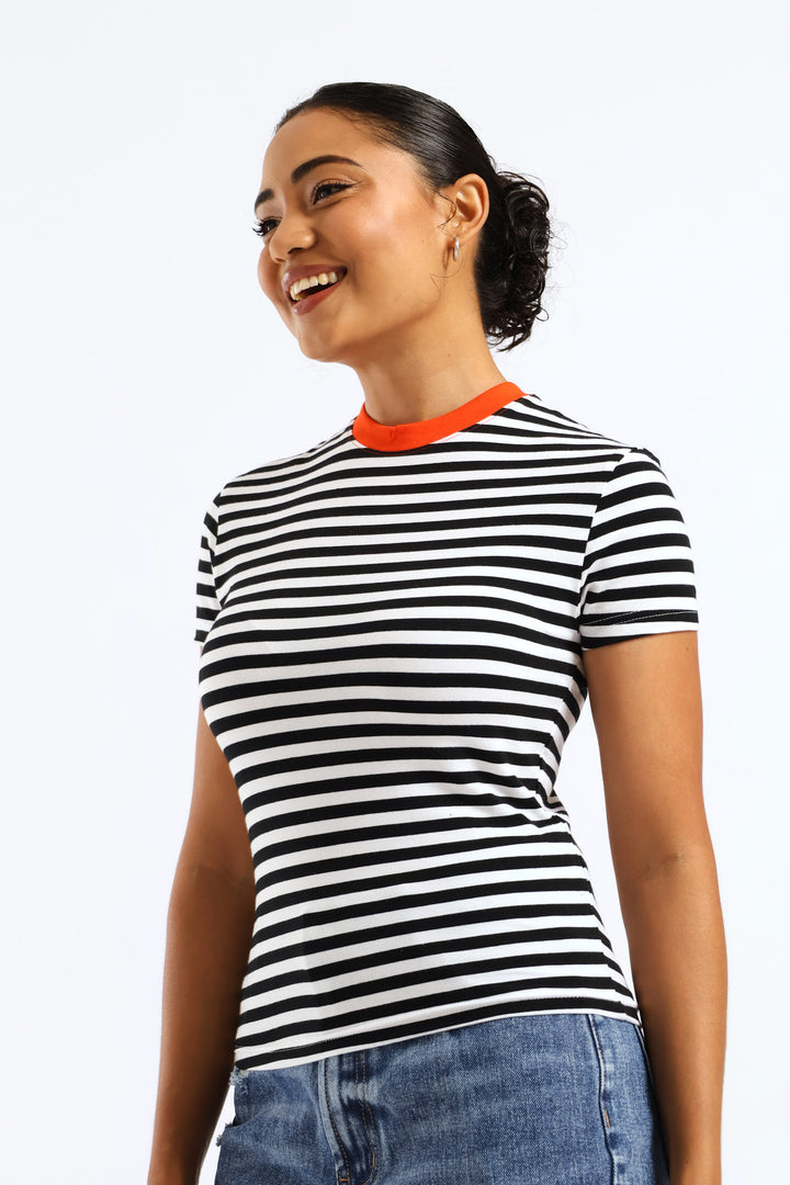 Contrast Neckline Stripe Tee - Black/White
