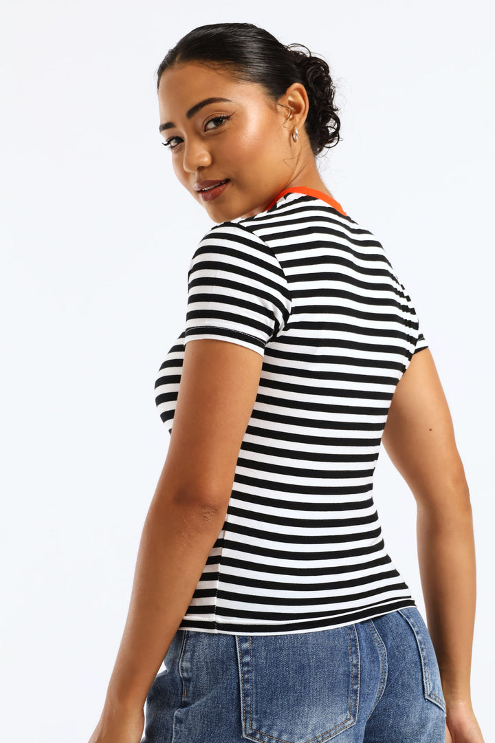 Contrast Neckline Stripe Tee - Black/White