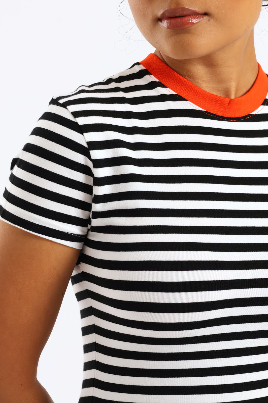 Contrast Neckline Stripe Tee - Black/White