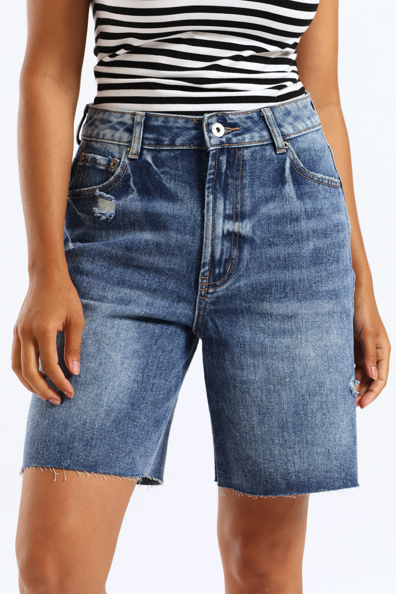 Ripped Thigh Boyfriend Short - Salty Mid Wash