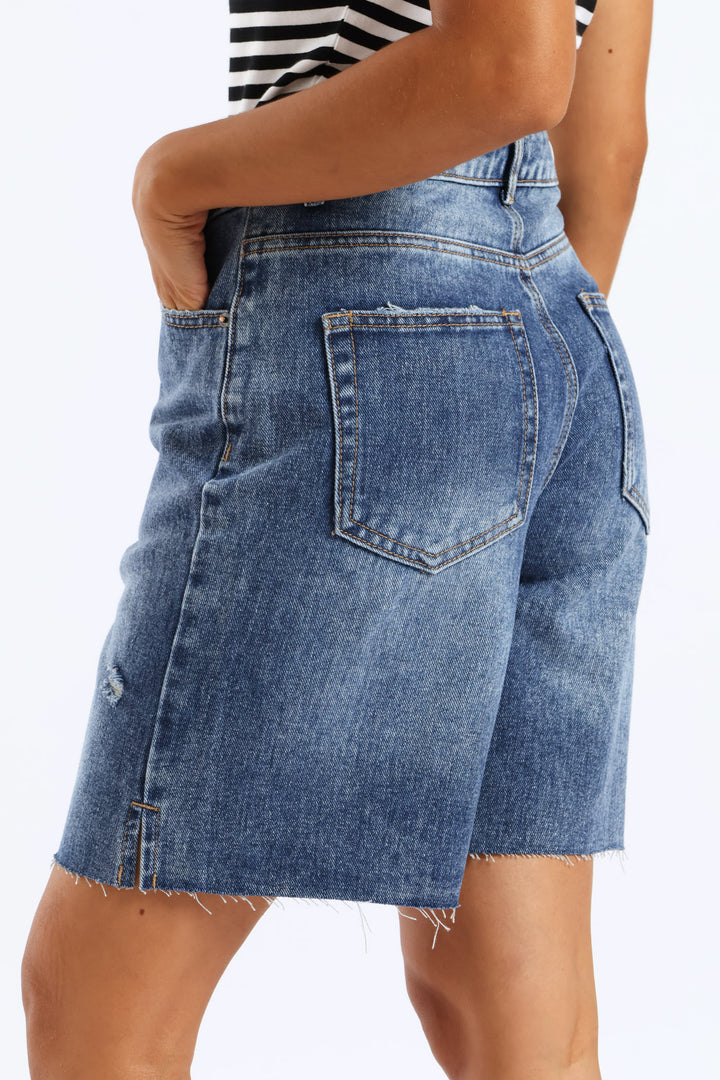 Ripped Thigh Boyfriend Short - Salty Mid Wash