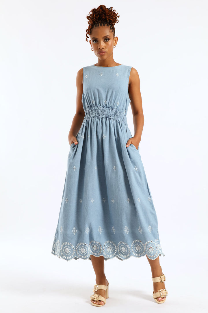 Anglaise Detail Shirred Waist Fit & Flare Midi Dress - Light Wash