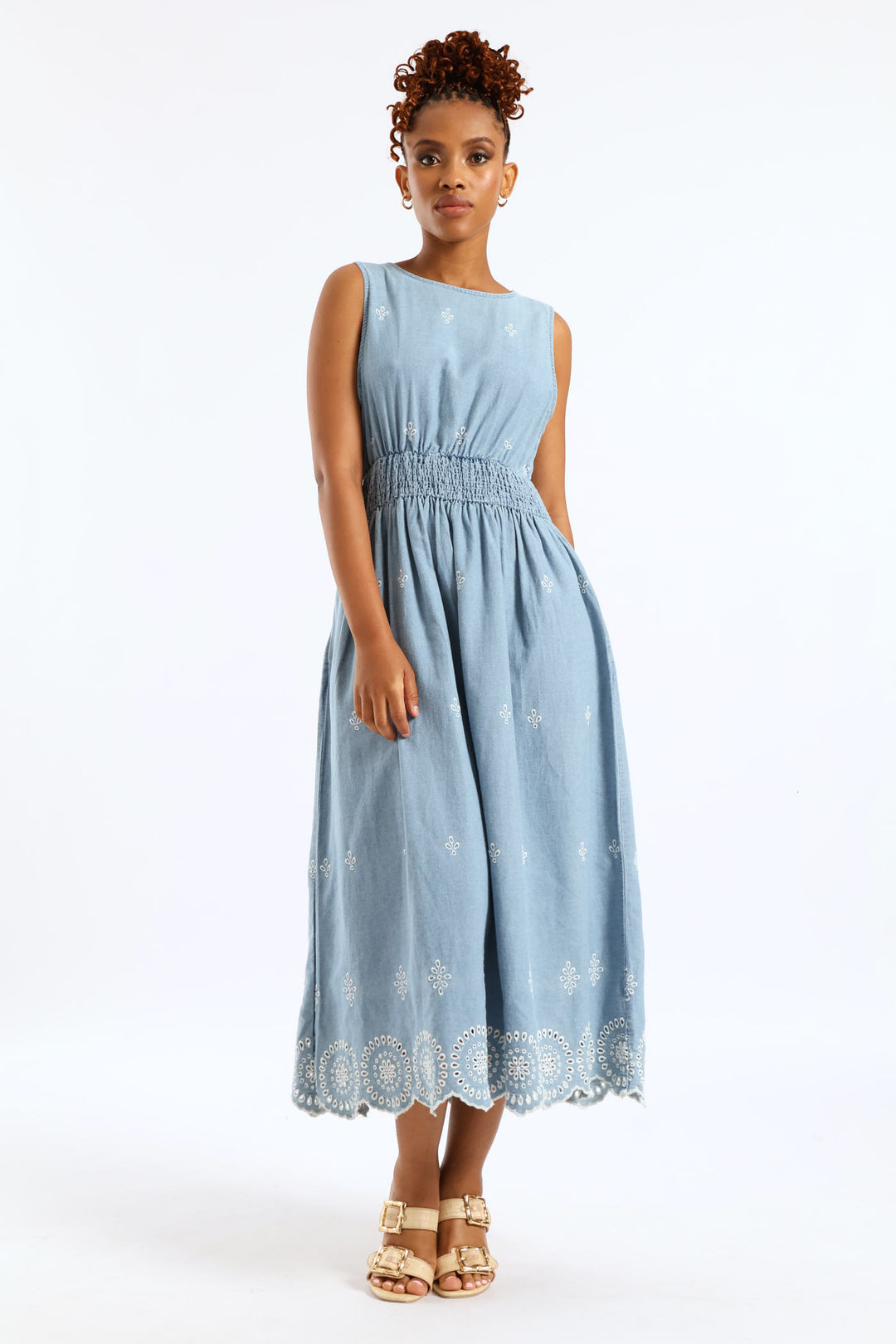 Anglaise Detail Shirred Waist Fit & Flare Midi Dress - Light Wash