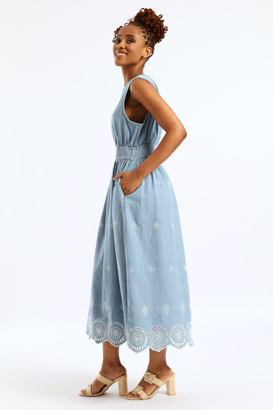 Anglaise Detail Shirred Waist Fit & Flare Midi Dress - Light Wash