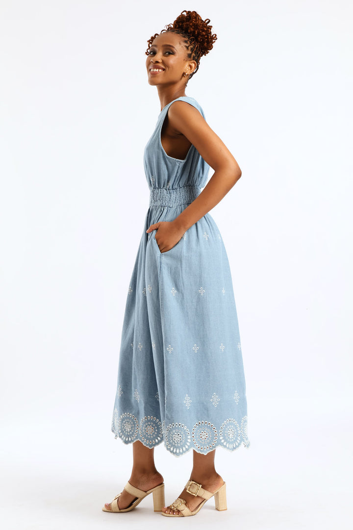 Anglaise Detail Shirred Waist Fit & Flare Midi Dress - Light Wash