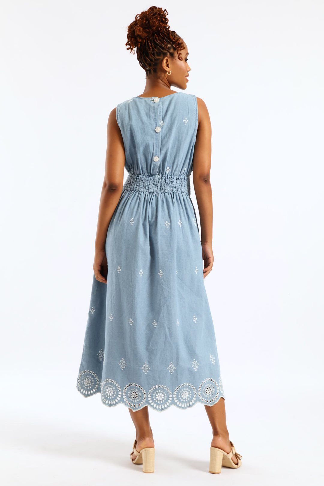 Anglaise Detail Shirred Waist Fit & Flare Midi Dress - Light Wash