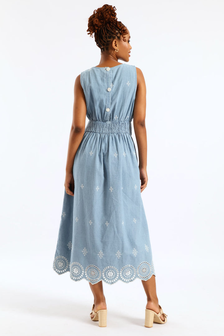 Anglaise Detail Shirred Waist Fit & Flare Midi Dress - Light Wash