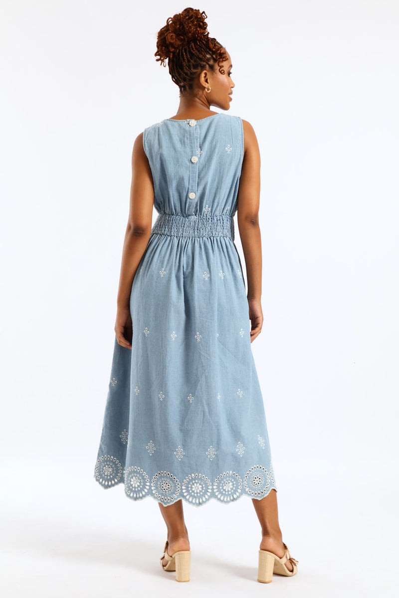 Anglaise Detail Shirred Waist Fit & Flare Midi Dress - Light Wash