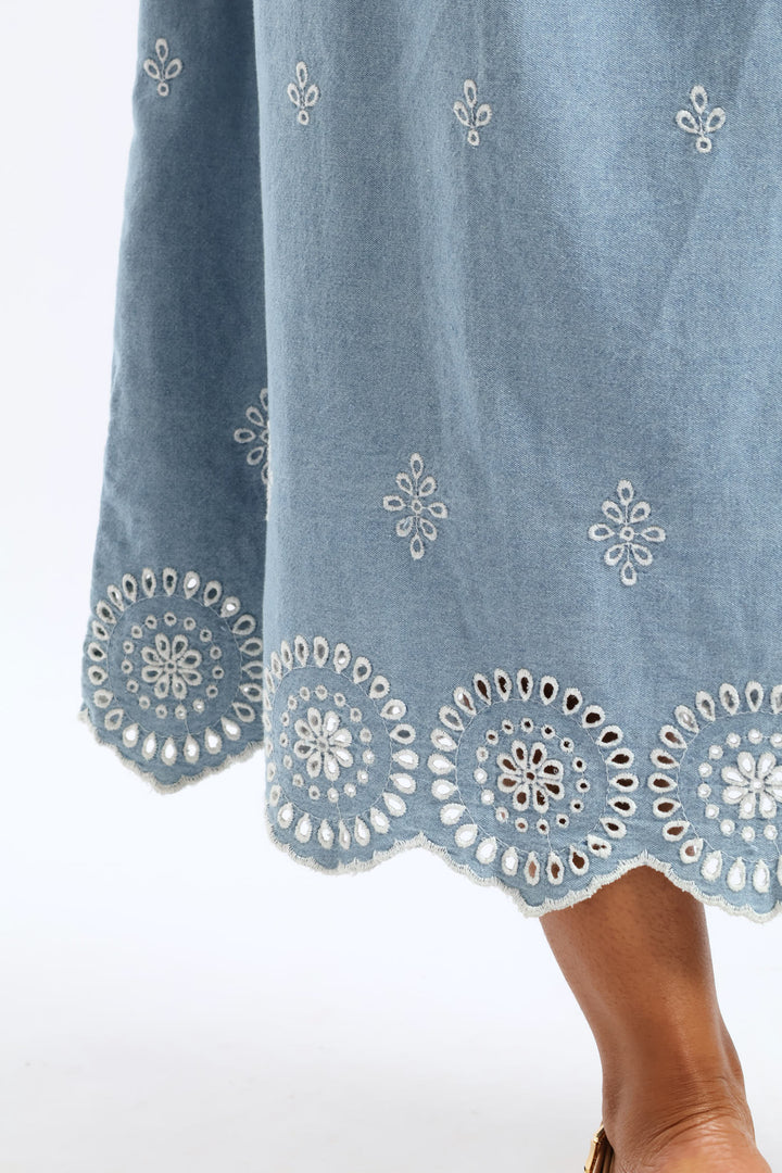 Anglaise Detail Shirred Waist Fit & Flare Midi Dress - Light Wash