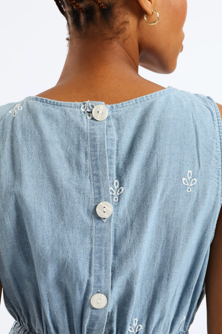 Anglaise Detail Shirred Waist Fit & Flare Midi Dress - Light Wash