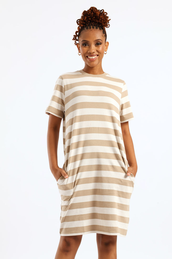 Crew Neck Stripe T-Shirt Dress - Beige/Mocha