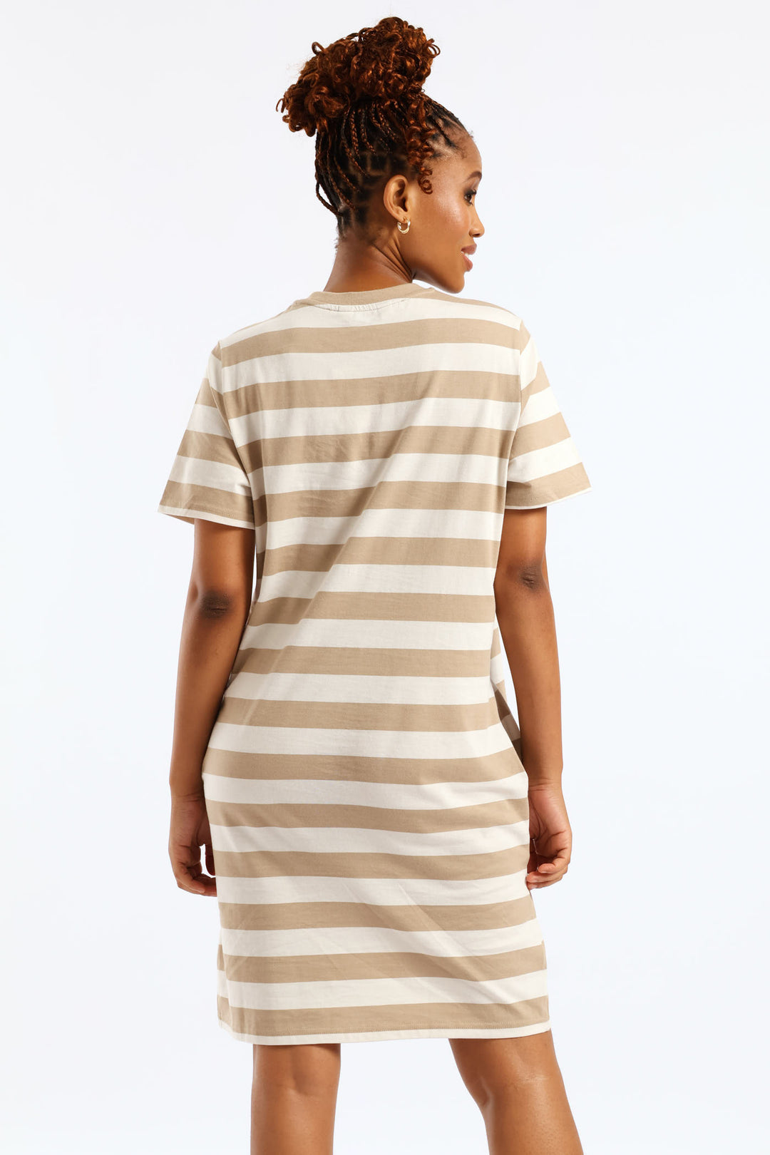 Crew Neck Stripe T-Shirt Dress - Beige/Mocha