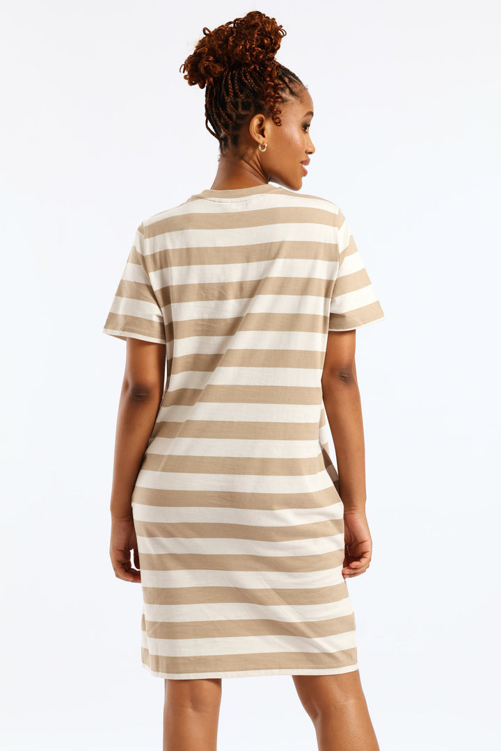 Crew Neck Stripe T-Shirt Dress - Beige/Mocha