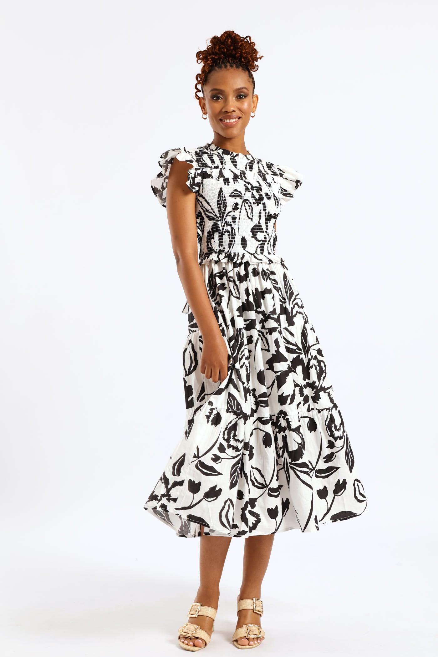 Ladies Frill Neck Shirred Bodice Tiered Tie-Back Midaxi Dress