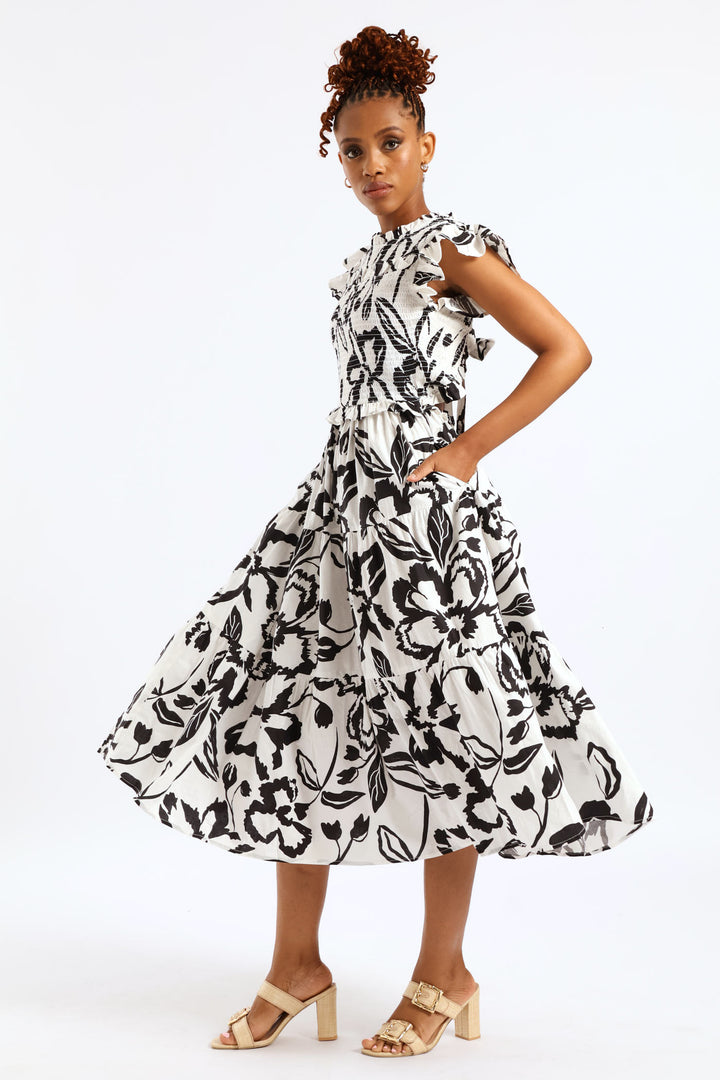 Frill Neck Shirred Bodice Tiered Tie-Back Midaxi Dress - White/Black