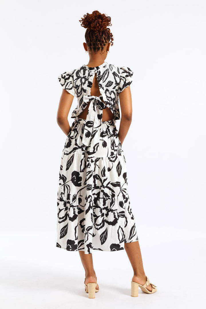 Frill Neck Shirred Bodice Tiered Tie-Back Midaxi Dress - White/Black