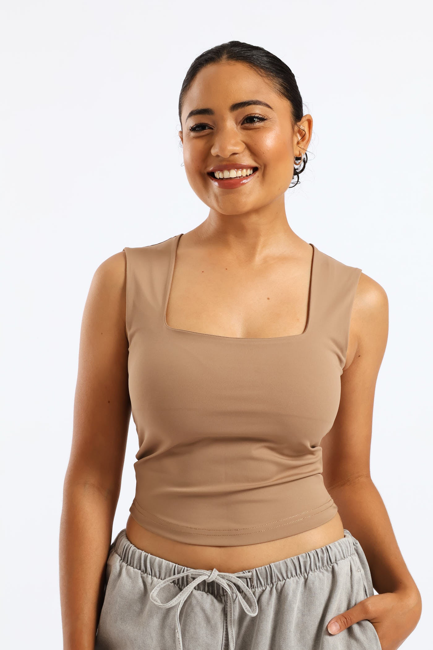 Ladies Skin Tight Square Neck Tank Top - Mocha – Edgars