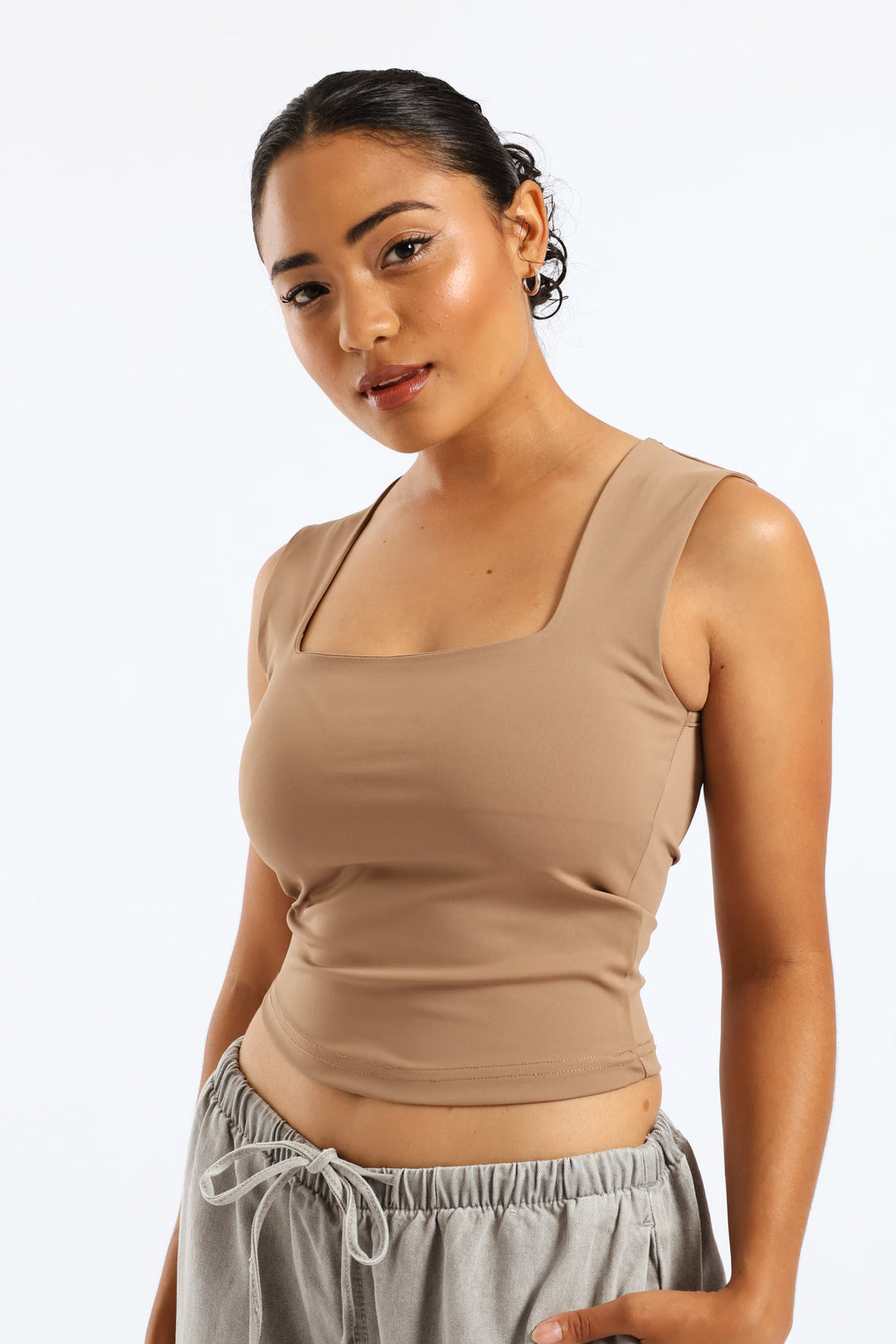 Skin Tight Square Neck Tank Top - Mocha