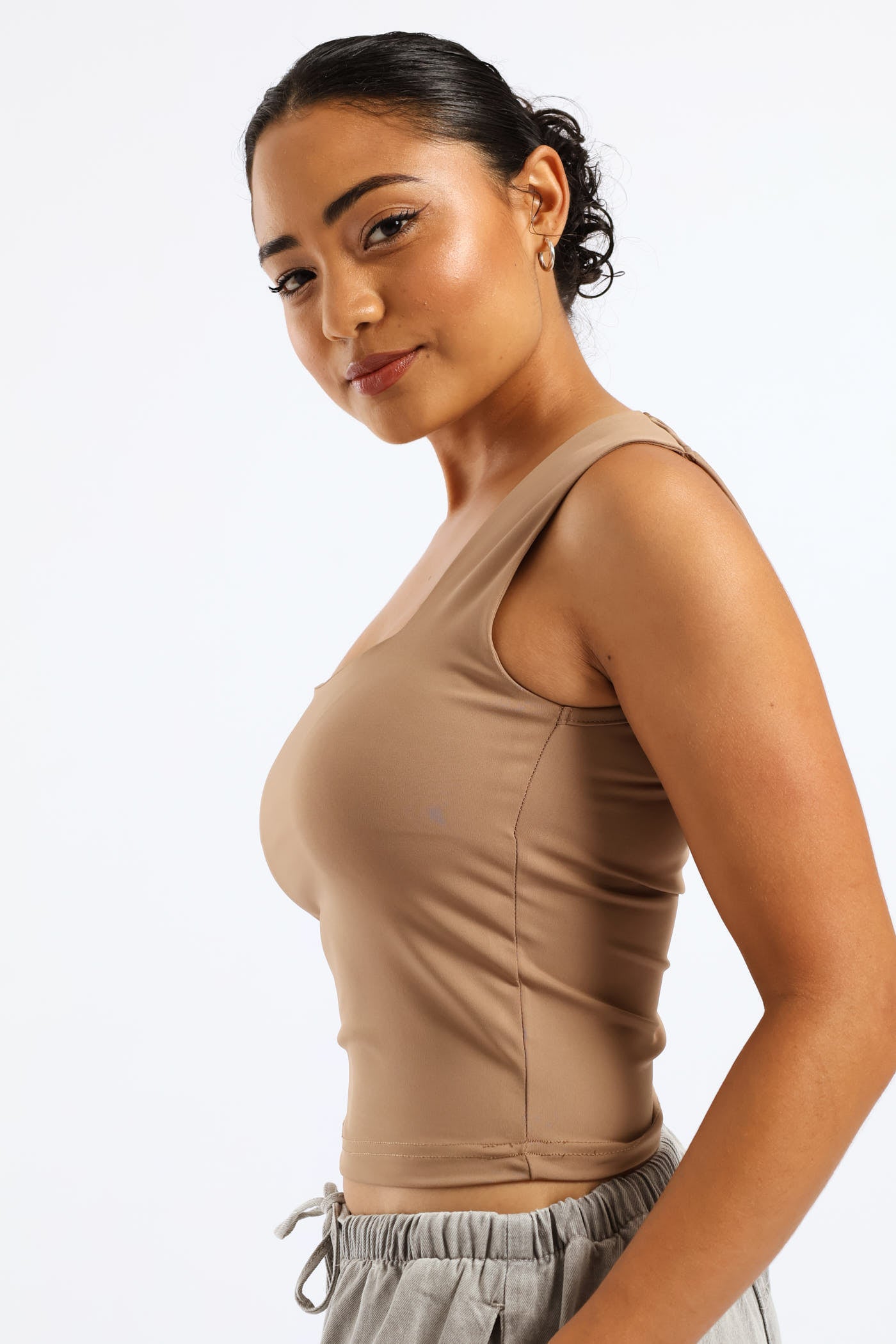 Ladies Skin Tight Square Neck Tank Top - Mocha – Edgars