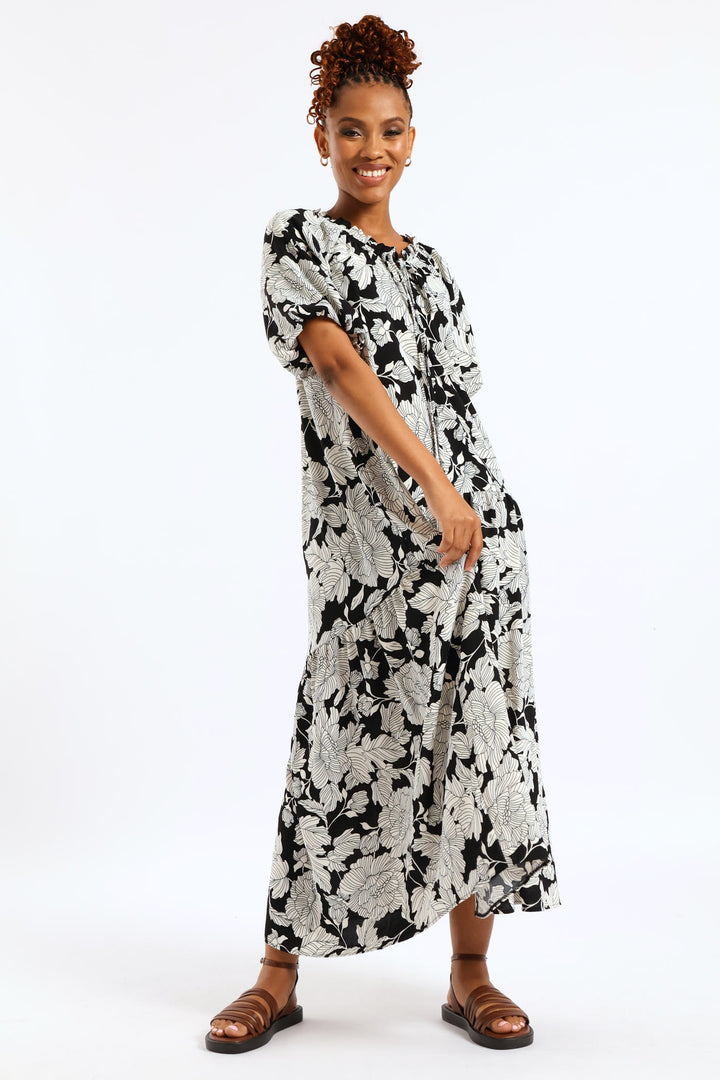 Bubble Sleeve Frill Neck Drop Waist Maxi Dress - Black/White