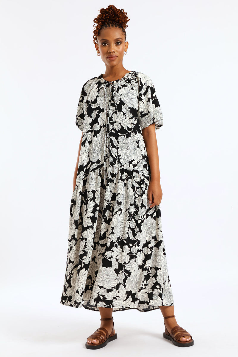Bubble Sleeve Frill Neck Drop Waist Maxi Dress - Black/White