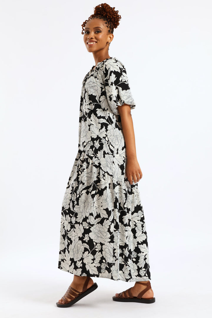 Bubble Sleeve Frill Neck Drop Waist Maxi Dress - Black/White