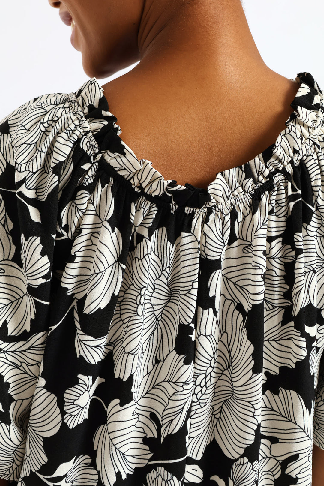 Bubble Sleeve Frill Neck Drop Waist Maxi Dress - Black/White