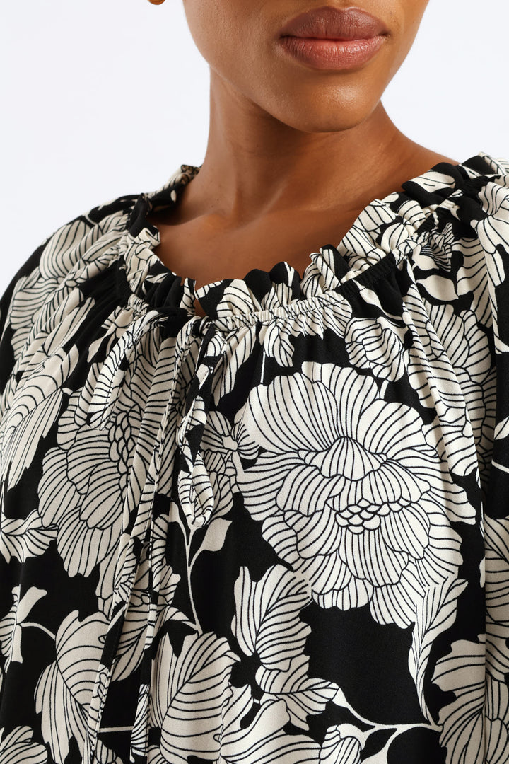 Bubble Sleeve Frill Neck Drop Waist Maxi Dress - Black/White