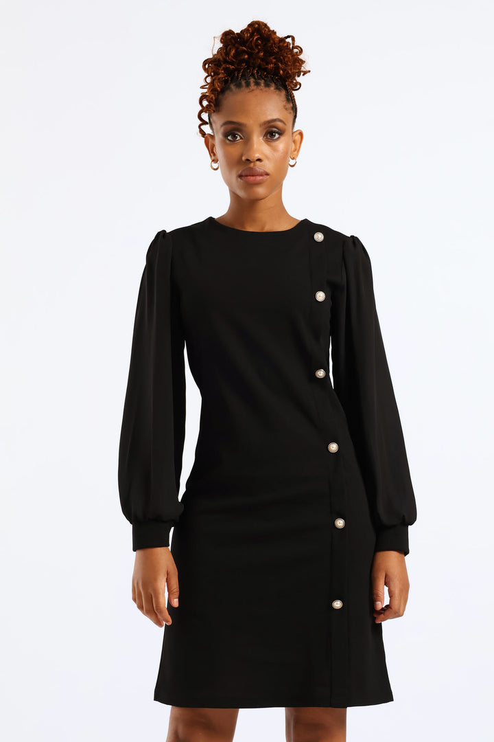 Side Button Through Knitwear Combo Dress - Black