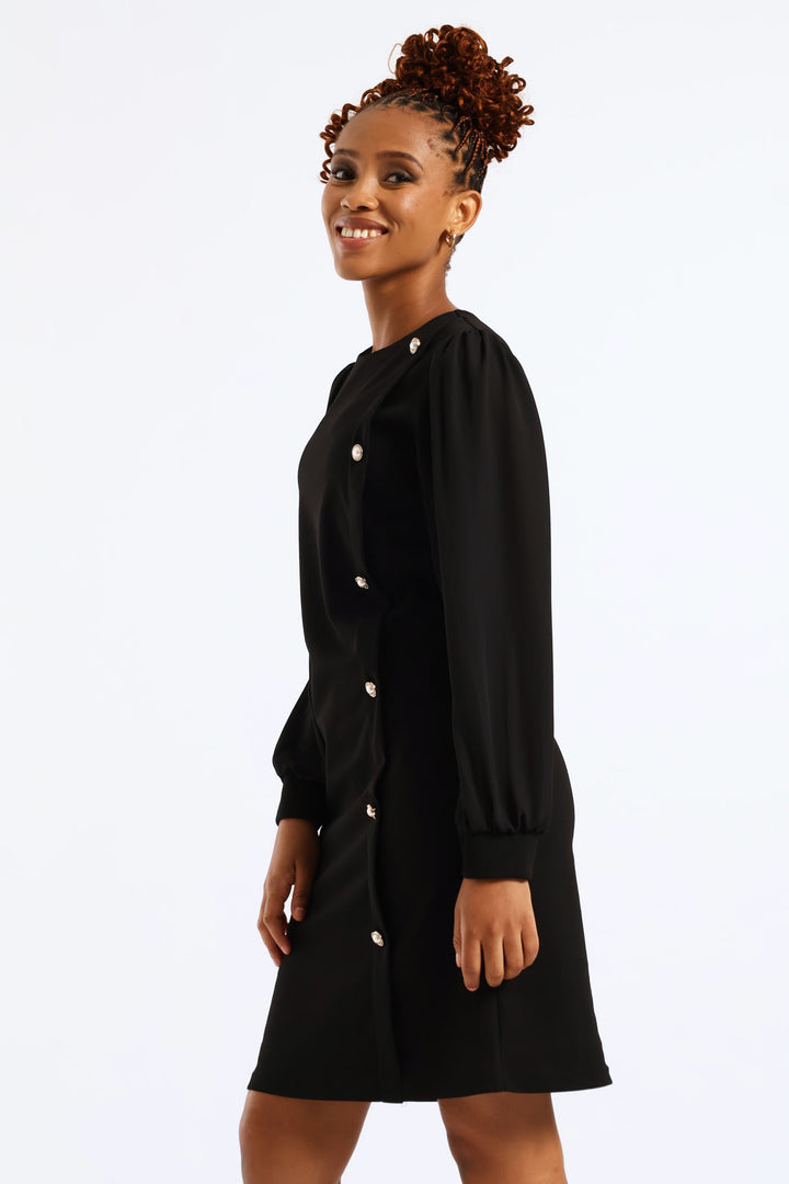 Side Button Through Knitwear Combo Dress - Black