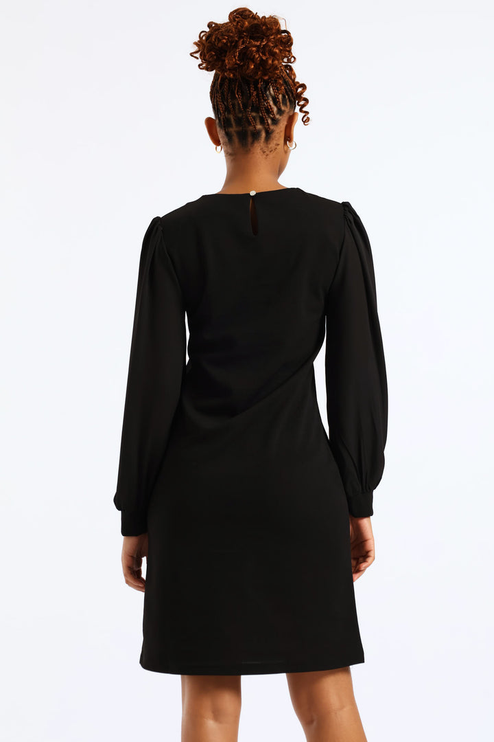 Side Button Through Knitwear Combo Dress - Black